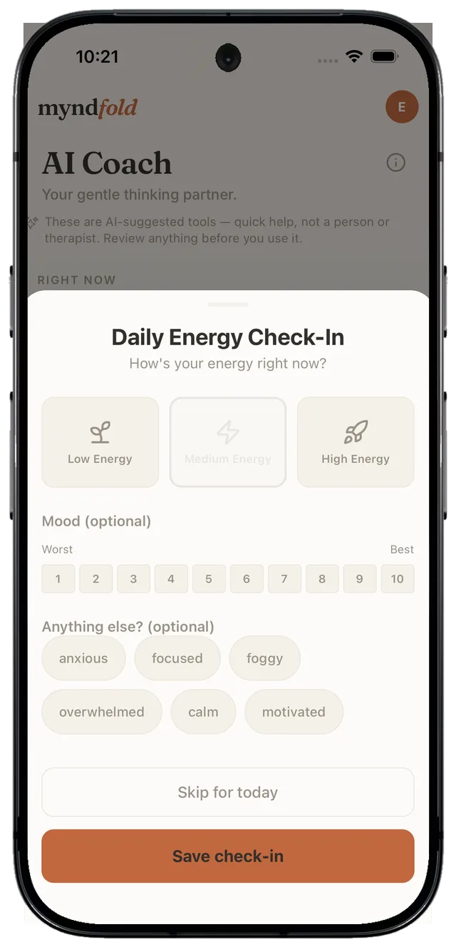 Myndfold Daily Energy Check-In screen with Low, Medium, and High energy options and an optional mood scale, shown in a Pixel frame