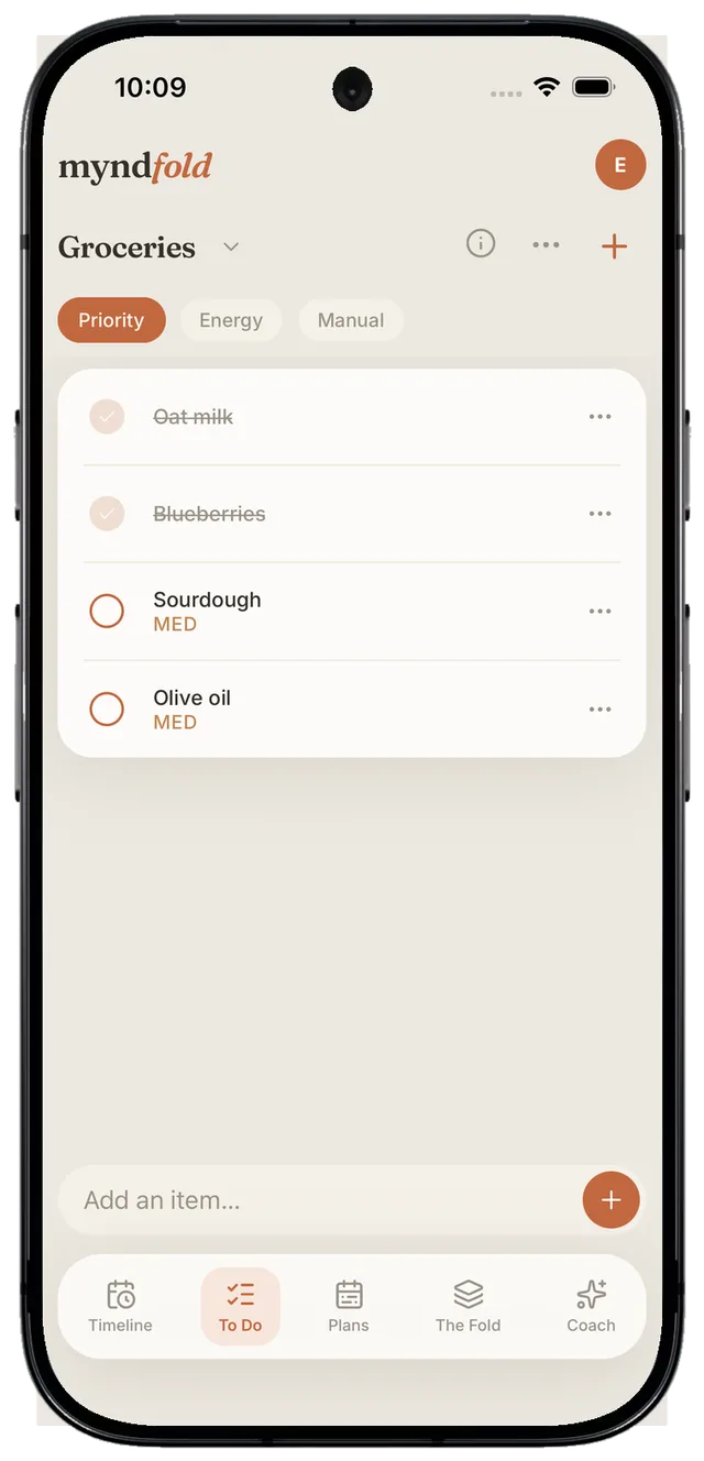Myndfold To Do screen showing a Groceries list with items, two checked off, shown in a Pixel frame